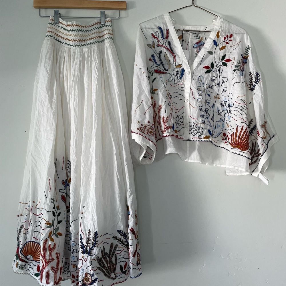 Zara 2 Piece Embroidered Maxi Skirt and Shirt Resort Wear